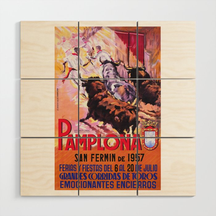 1957 SPAIN Pamplona Running Of The Bulls Poster Wood Wall Art