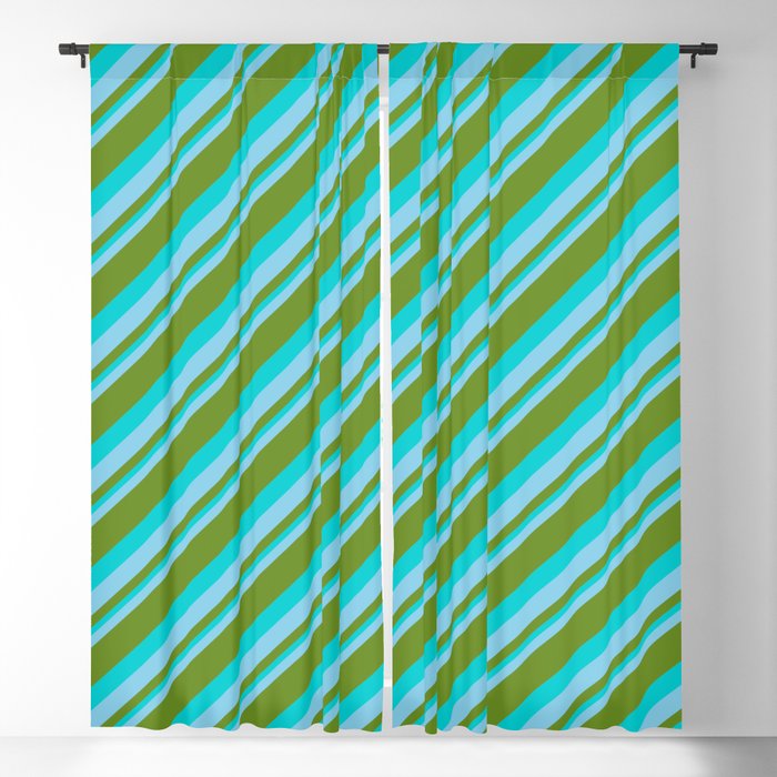 Sky Blue, Green & Dark Turquoise Colored Striped Pattern Blackout Curtain