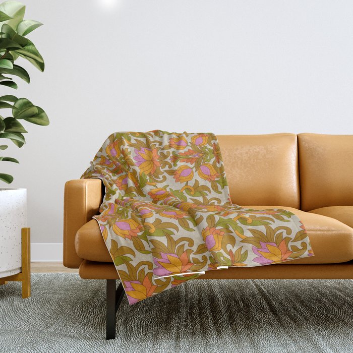 Orange, Pink Flowers and Green Leaves 1960s Retro Vintage Pattern Throw Blanket