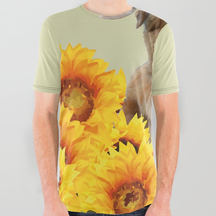 Golden Retriever Sunflower Field All Over Graphic Tee