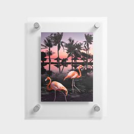 Flamingo Palm Sunset, Flamingos And Beach Floating Acrylic Print