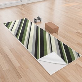 [ Thumbnail: Dark Grey, Beige, Dark Olive Green, and Black Colored Striped/Lined Pattern Yoga Towel ]