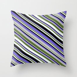 [ Thumbnail: Slate Blue, Grey, Dark Olive Green, Mint Cream, and Black Colored Stripes Pattern Throw Pillow ]