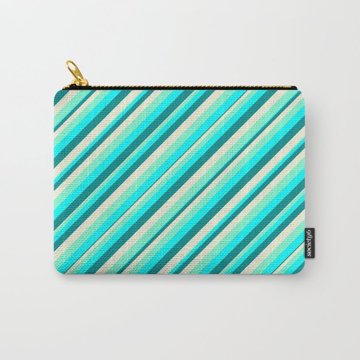 Aquamarine, Cyan, Dark Cyan, and Beige Colored Lined/Striped Pattern Carry-All Pouch