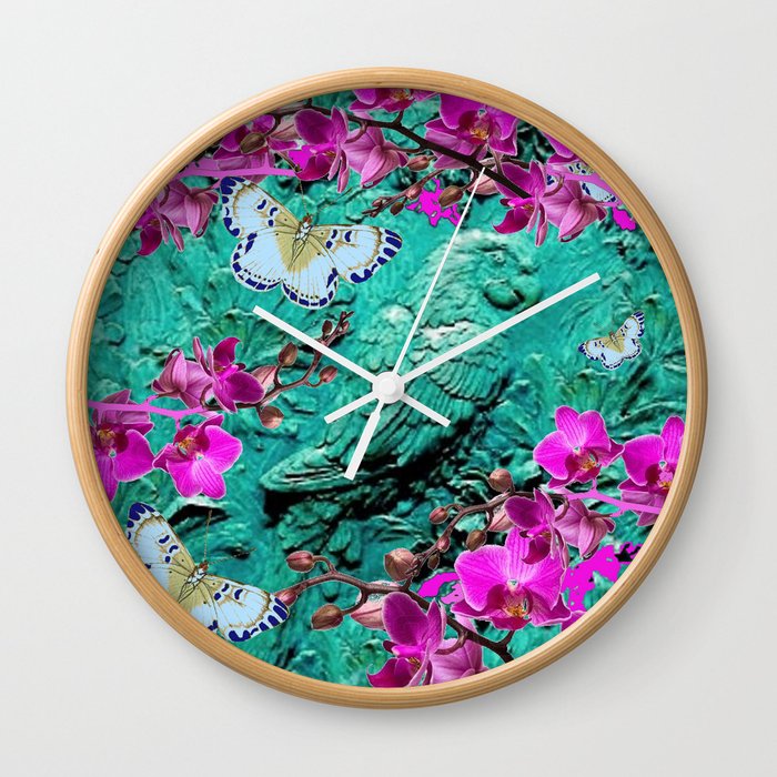 PURPLE ORCHIDS BUTTERFLIES TURQUOISE TROPICAL MACAW PARROT Wall Clock