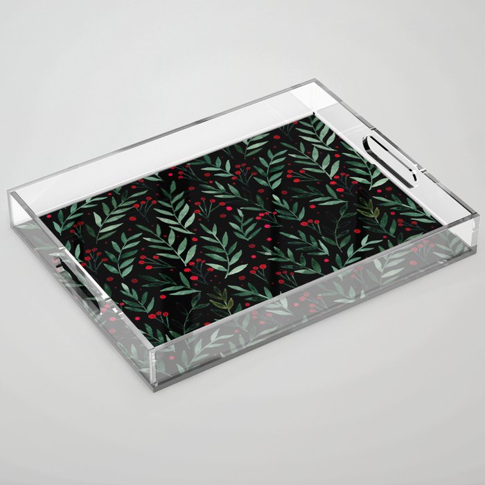 Festive watercolor branches - black, red and green Acrylic Tray