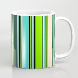 [ Thumbnail: Eyecatching Green, Dark Slate Gray, Bisque, Turquoise, and Black Colored Lined Pattern Coffee Mug ]