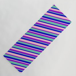 [ Thumbnail: Dark Violet, Aquamarine, Blue & Pink Colored Lines Pattern Yoga Mat ]