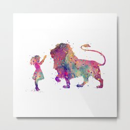 Girl and Lion Colorful Watercolor Art Animals Lover Gift Metal Print
