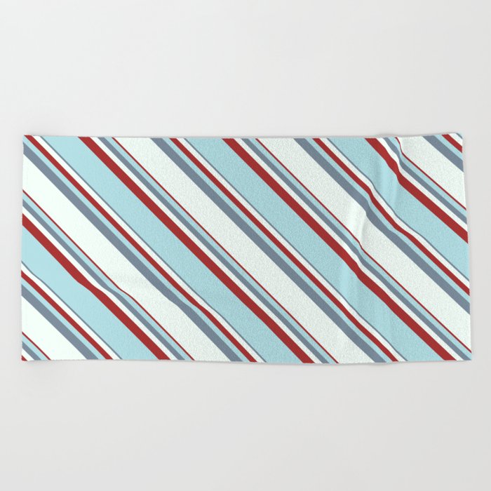 Light Slate Gray, Mint Cream, Brown & Powder Blue Colored Lined/Striped Pattern Beach Towel