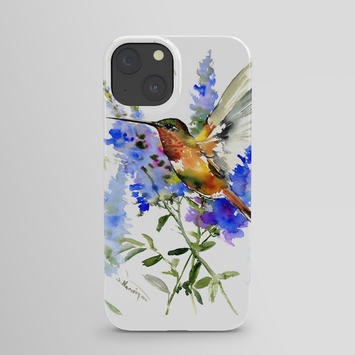 Alen's Hummingbird and Blue Flowers, floral bird design birds, watercolor floral bird art iPhone Case
