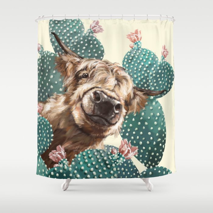 Sneaky Highland Cow and Cactus in yellow Shower Curtain