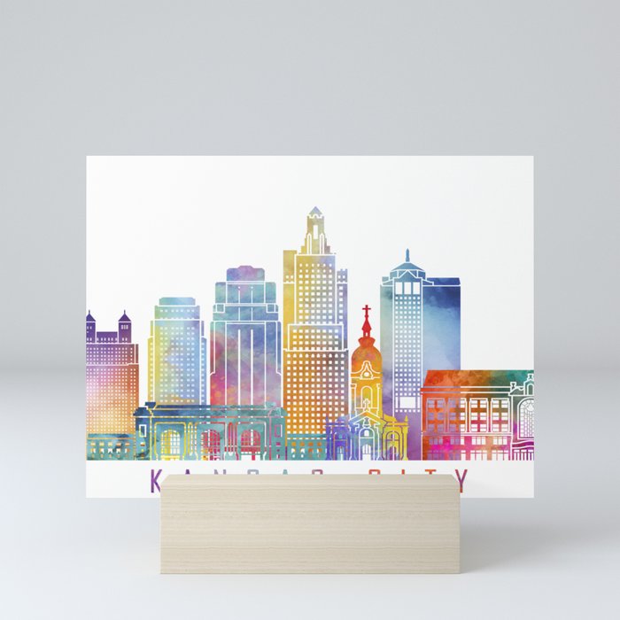 Kansas city skyline  landmarks  in watercolor Mini Art Print
