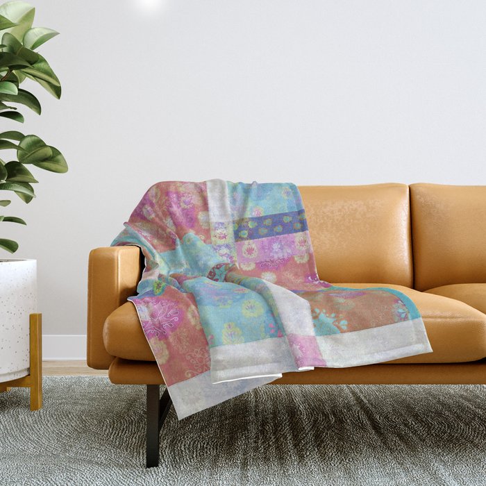 Lotus flower turquoise and apricot stitched patchwork - woodblock print style pattern Throw Blanket