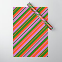 [ Thumbnail: Orchid, Green & Red Colored Stripes/Lines Pattern Wrapping Paper ]