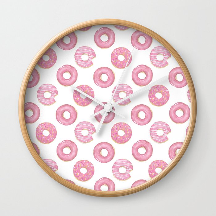 Pink watercolor donut pattern Wall Clock