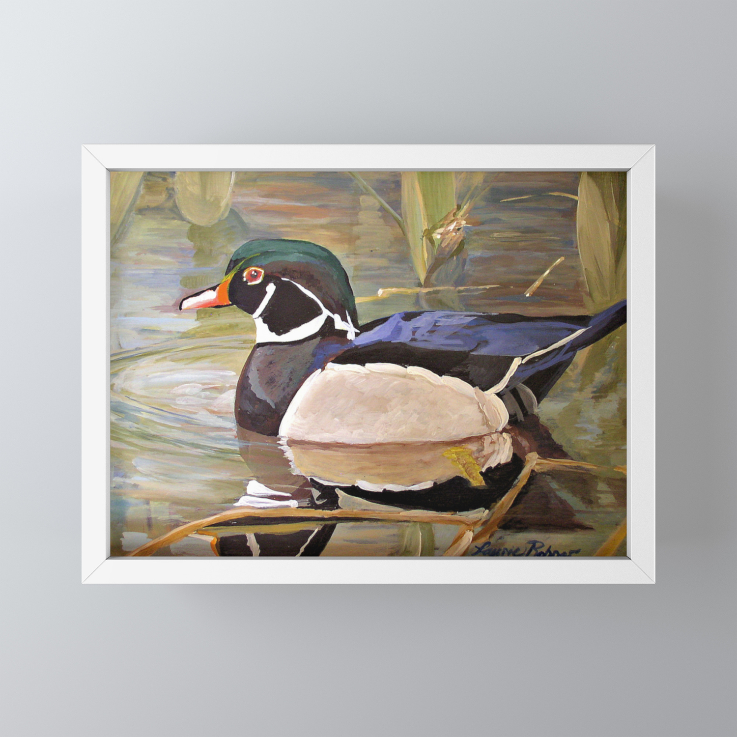 Wood Duck Water Foul Acrylic Painting Framed Mini Art Print By