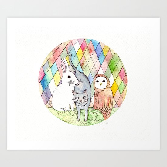 rabbit, cat, owl Art Print