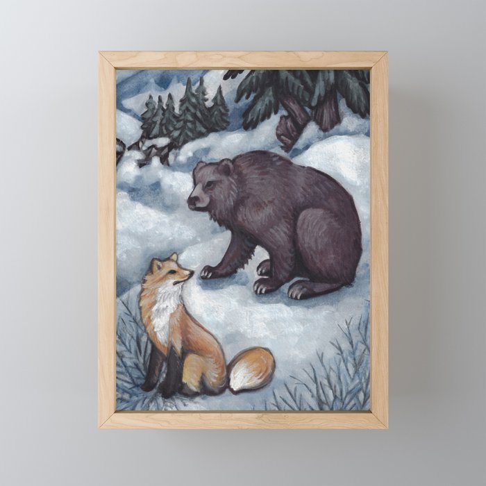 Winter meeting of Bear and Fox Framed Mini Art Print