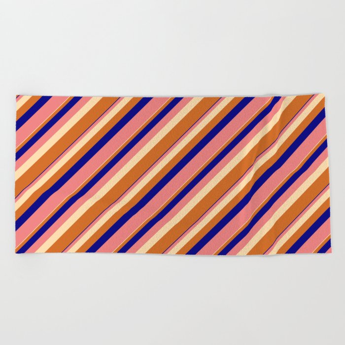 Blue, Light Coral, Tan & Chocolate Colored Lined/Striped Pattern Beach Towel