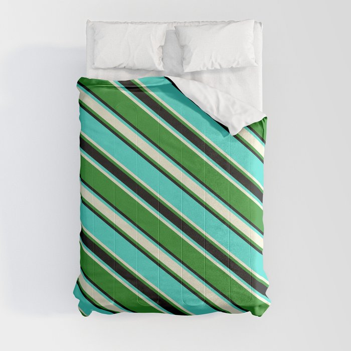 Turquoise, Beige, Forest Green, and Black Colored Lined Pattern Comforter