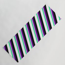 [ Thumbnail: Vibrant Green, Violet, Indigo, Black, and White Colored Striped/Lined Pattern Yoga Mat ]