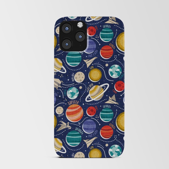 Paper space adventure I // navy blue background multicoloured solar system paper cut planets origami paper spaceships and rockets  iPhone Card Case