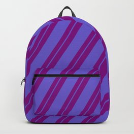 [ Thumbnail: Purple and Slate Blue Colored Striped/Lined Pattern Backpack ]