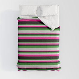 [ Thumbnail: Forest Green, Light Gray, Deep Pink, and Black Colored Stripes Pattern Comforter ]