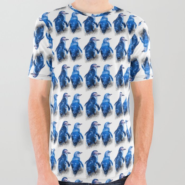 We care a lot. Couple of blue little penguins. All Over Graphic Tee