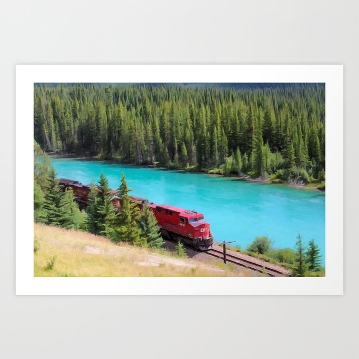 The Rocky Mountaineer railroad train riverside between Vancouver and Banff National Park; Canadian Rocky Mountains - Lake Louise landscape painting Art Print