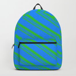 [ Thumbnail: Blue & Lime Green Colored Pattern of Stripes Backpack ]