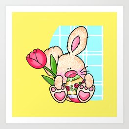 Cute Easter Bunny With Easter Egg And Tulip Art Print