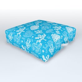 Turquoise And White Coral Silhouette Pattern Outdoor Floor Cushion