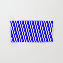 [ Thumbnail: Tan & Blue Colored Stripes/Lines Pattern Hand & Bath Towel ]