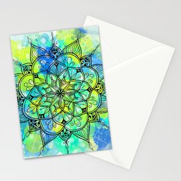 Yellow Green Blue Mandala - Paint Splatter Ray Design  Stationery Card