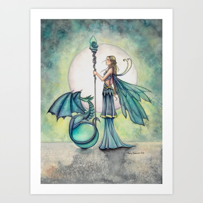 Aquamarine Dragon Fairy and Dragon Fantasy Art Art Print by Molly ...