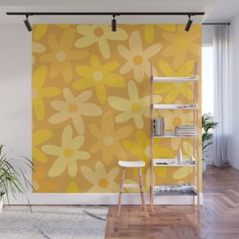 Daisy Time Retro Floral Pattern in Honey Mustard Ochre Yellow Tones Wall Mural