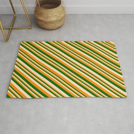 [ Thumbnail: Dark Orange, Dark Green & Bisque Colored Lines Pattern Rug ]