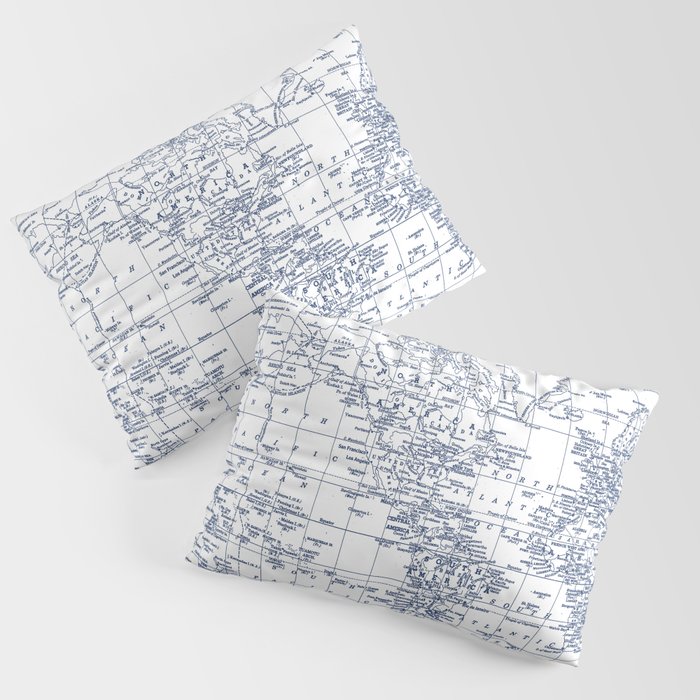 World Map Blue on White Pillow Sham