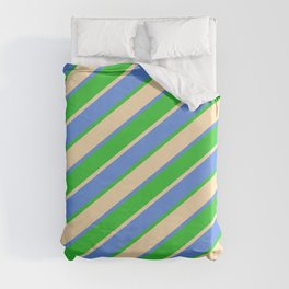 [ Thumbnail: Beige, Cornflower Blue & Lime Green Colored Stripes Pattern Duvet Cover ]