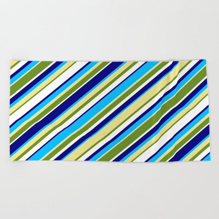 Colorful Blue, Deep Sky Blue, Tan, Green & White Colored Lined Pattern Beach Towel