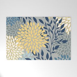 Festive, Floral Prints and Leaves, Yellow, Gray, Navy Blue, Teal Welcome Mat