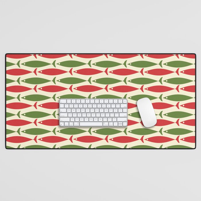 Mid Century Modern Christmas Fish Pattern in Retro Red Green Cream Desk Mat