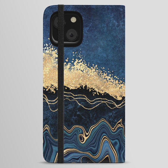 Deep Cerulean + Gold Abstract Shoreline Waves iPhone Wallet Case