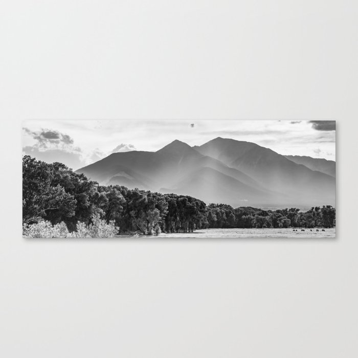 Distant Horses Below The Colorado Mountainside - Black and White Edition Canvas Print