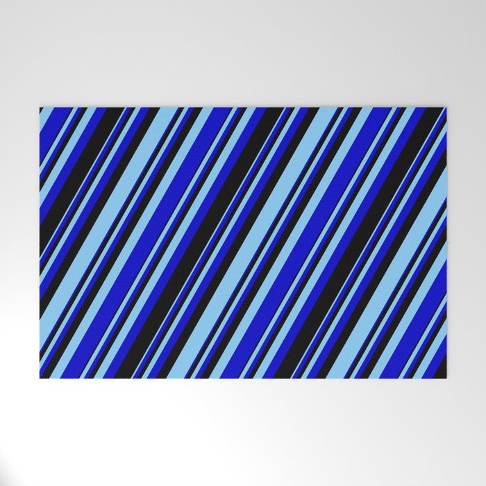 Light Sky Blue, Blue & Black Colored Stripes/Lines Pattern Welcome Mat