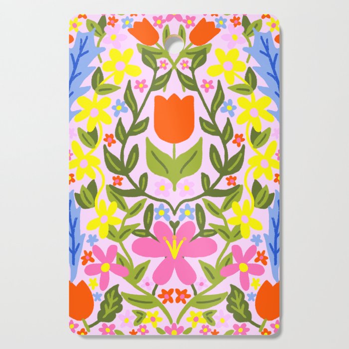 Mid-Century Modern Folk Art Flowers Pink Cutting Board
