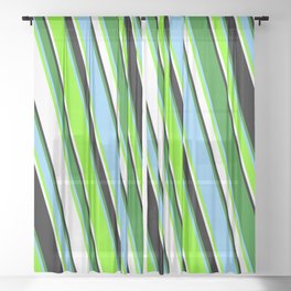 [ Thumbnail: Colorful Forest Green, Light Sky Blue, Green, White, and Black Colored Pattern of Stripes Sheer Curtain ]