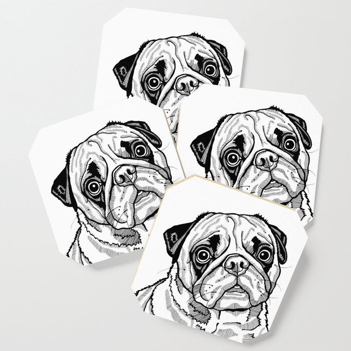 Cute Pug Dog Black and White Pop Art, Line Drawing Portrait of a Pug Coaster